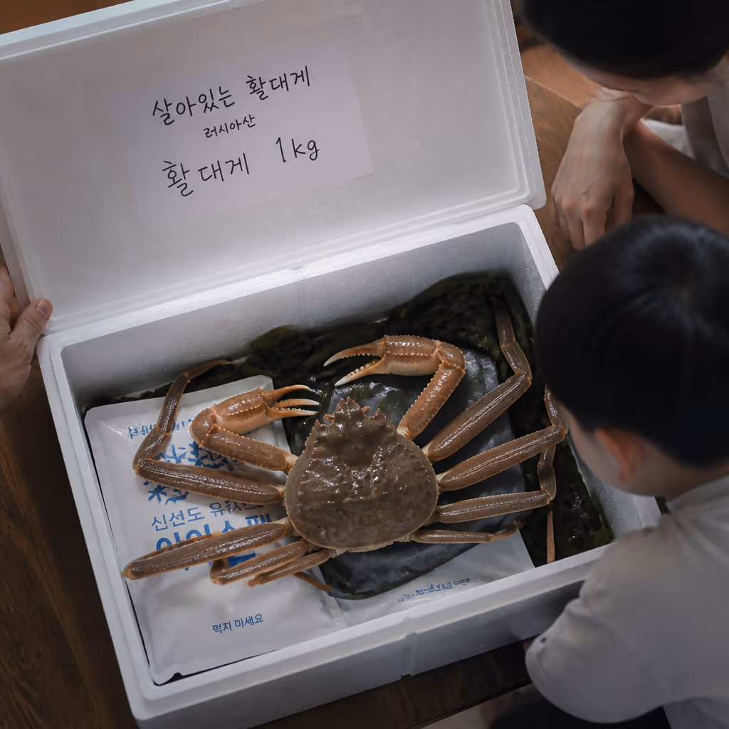활대게 받았을 때 30분 체크리스트 — 다리 움직임·입 거품·등껍질 색, 25년차의 결정 기준 — 현장 사진 1, 기장 청해왕대게 25년차 활어상 정영진 대표 촬영
