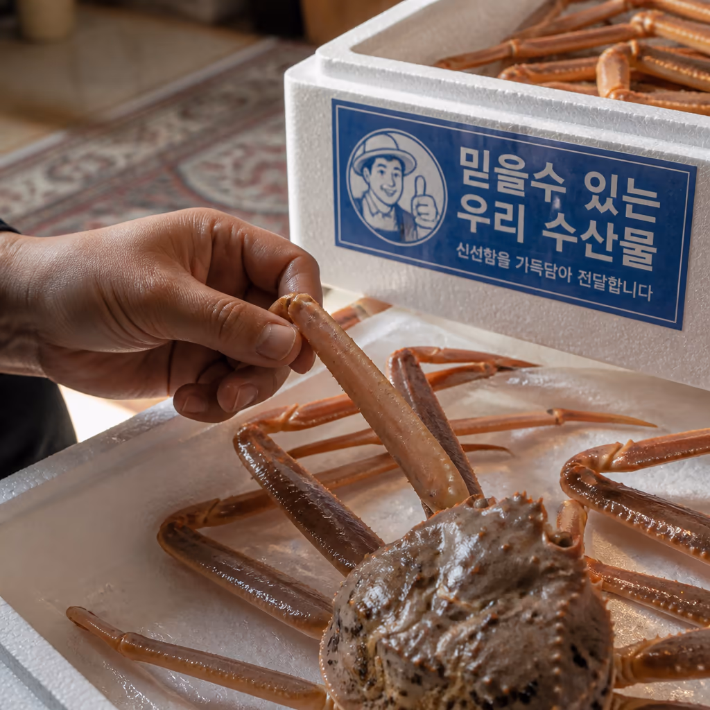 활대게 받았을 때 30분 체크리스트 — 다리 움직임·입 거품·등껍질 색, 25년차의 결정 기준 — 현장 사진 2, 기장 청해왕대게 25년차 활어상 정영진 대표 촬영