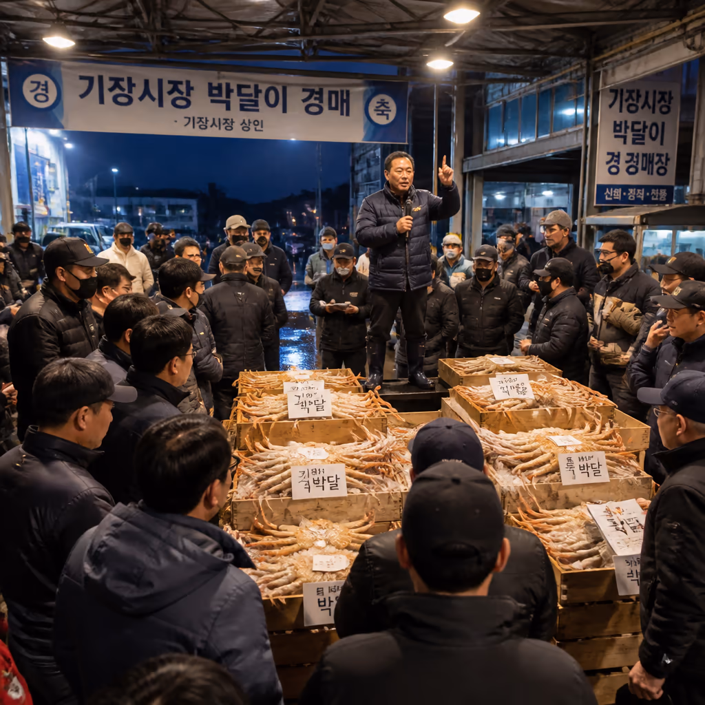 오늘 새벽 경매, 박달급 대게 12kg 낙찰 — 9마리 전량 단골 배정 완료 — 기장 청해왕대게 사장 일지 대표 이미지
