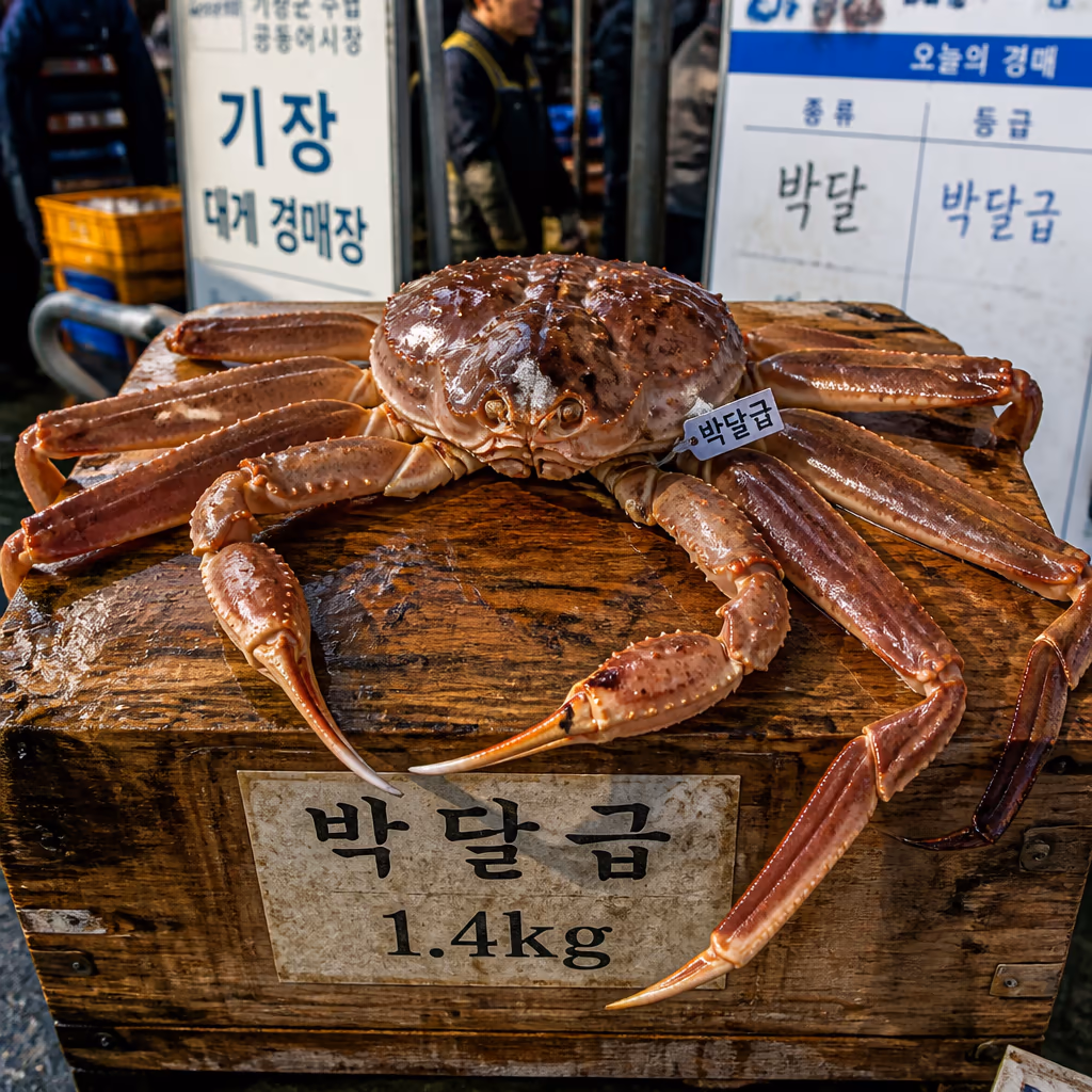 오늘 새벽 경매, 박달급 대게 12kg 낙찰 — 9마리 전량 단골 배정 완료 — 현장 사진 1, 기장 청해왕대게 25년차 활어상 정영진 대표 촬영