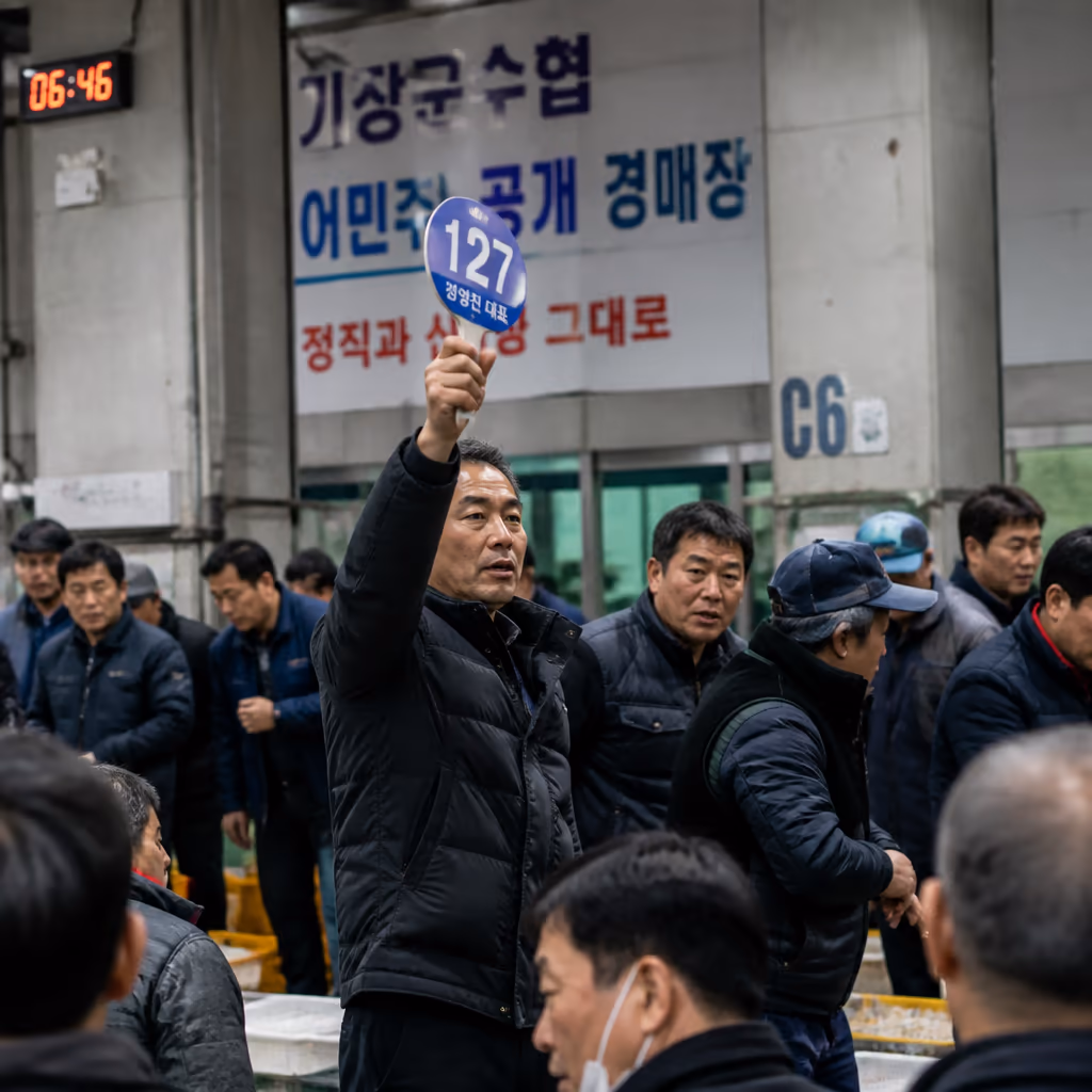 오늘 새벽 경매, 박달급 대게 12kg 낙찰 — 9마리 전량 단골 배정 완료 — 현장 사진 2, 기장 청해왕대게 25년차 활어상 정영진 대표 촬영