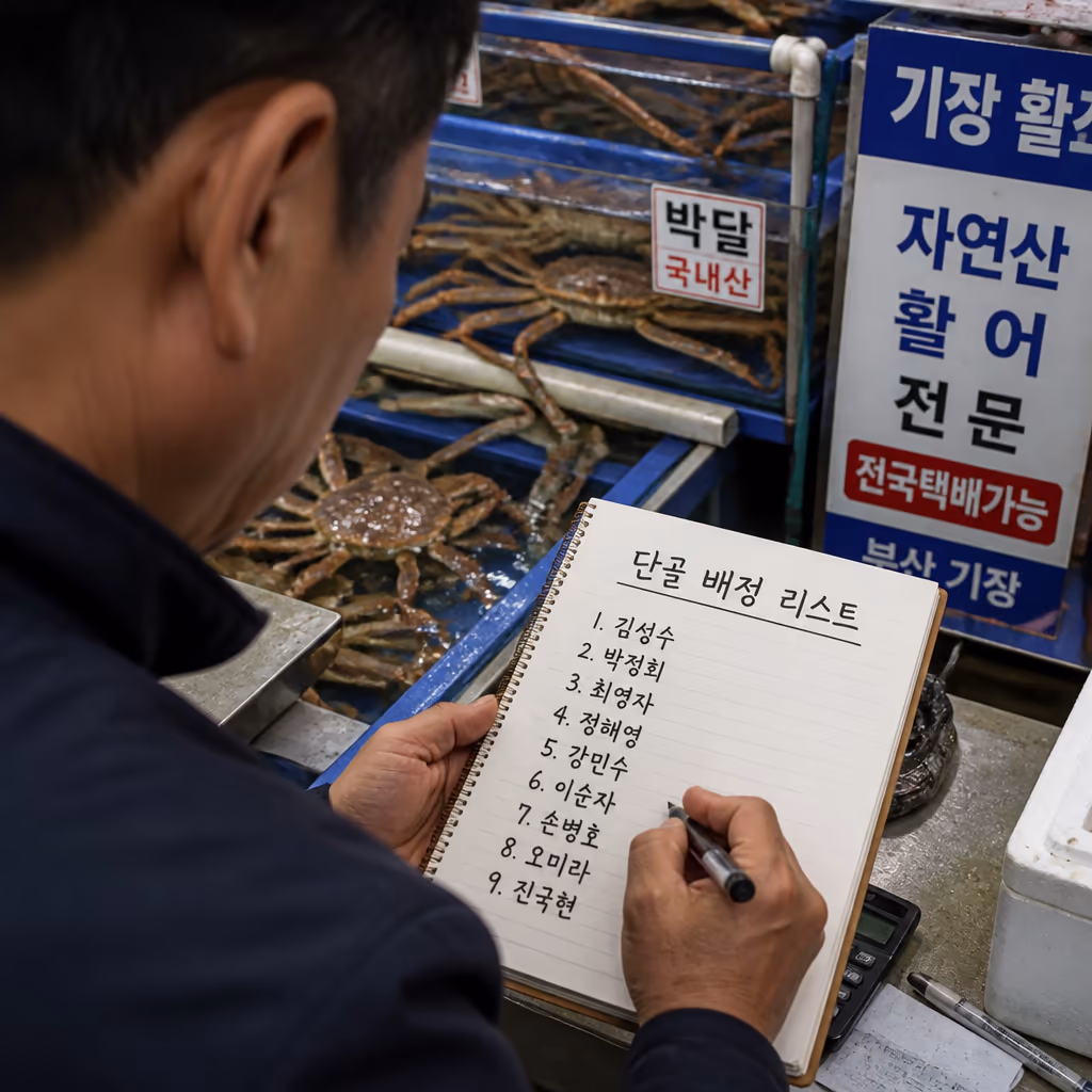 오늘 새벽 경매, 박달급 대게 12kg 낙찰 — 9마리 전량 단골 배정 완료 — 갤러리 1, 기장 청해왕대게 현장 사진