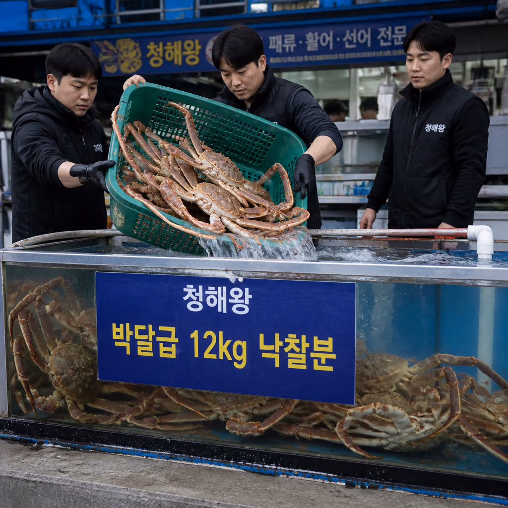 오늘 새벽 경매, 박달급 대게 12kg 낙찰 — 9마리 전량 단골 배정 완료 — 갤러리 2, 기장 청해왕대게 현장 사진