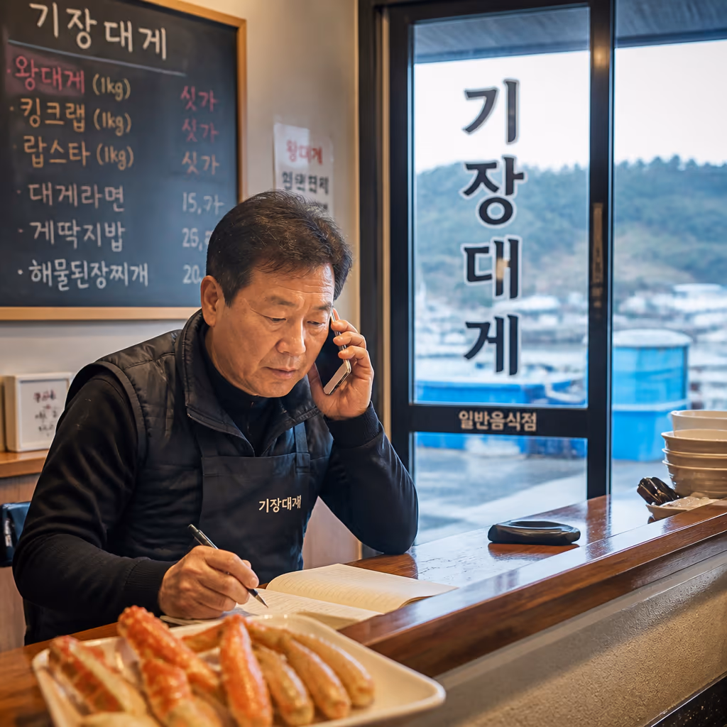 오늘 새벽 경매, 박달급 대게 12kg 낙찰 — 9마리 전량 단골 배정 완료 — 갤러리 3, 기장 청해왕대게 현장 사진