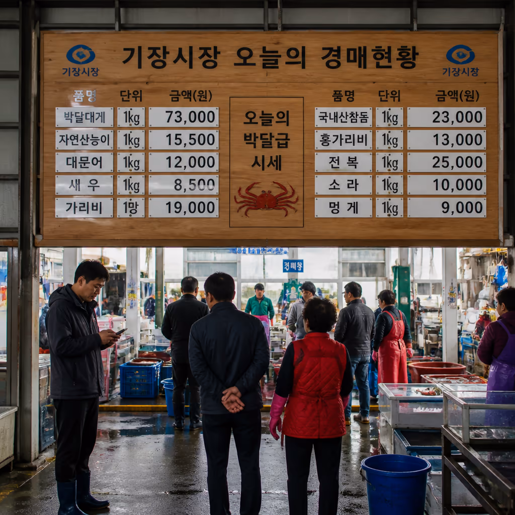 오늘 새벽 경매, 박달급 대게 12kg 낙찰 — 9마리 전량 단골 배정 완료 — 갤러리 5, 기장 청해왕대게 현장 사진