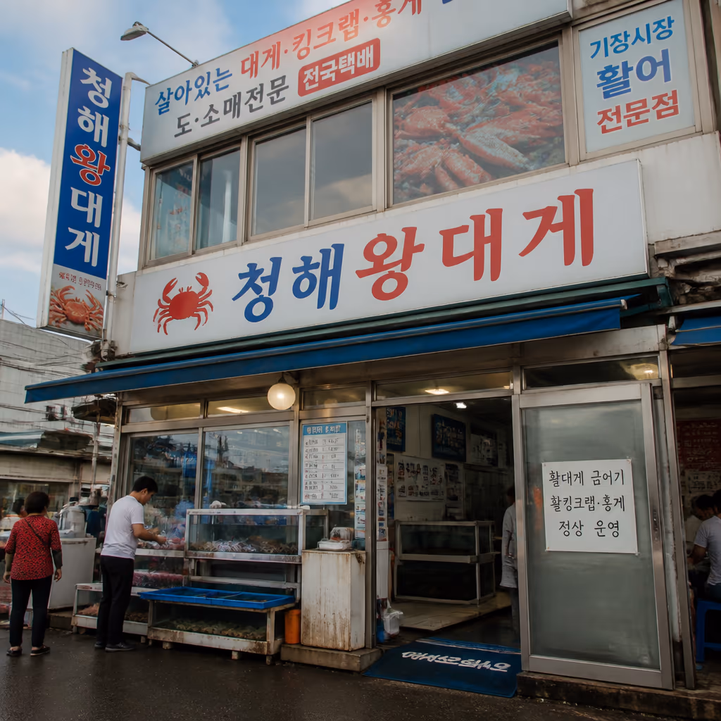 활대게 비수기 매장 수조 — 6월부터 9월 들어오는 활어 5종과 매일 다른 컨디션 — 갤러리 3, 기장 청해왕대게 현장 사진