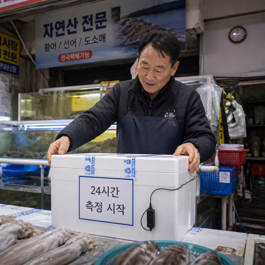 택배 박스 24시간 온도 그래프 · 7℃를 안 넘는 이유 — 현장 사진 1, 기장 청해왕대게 25년차 활어상 정영진 대표 촬영