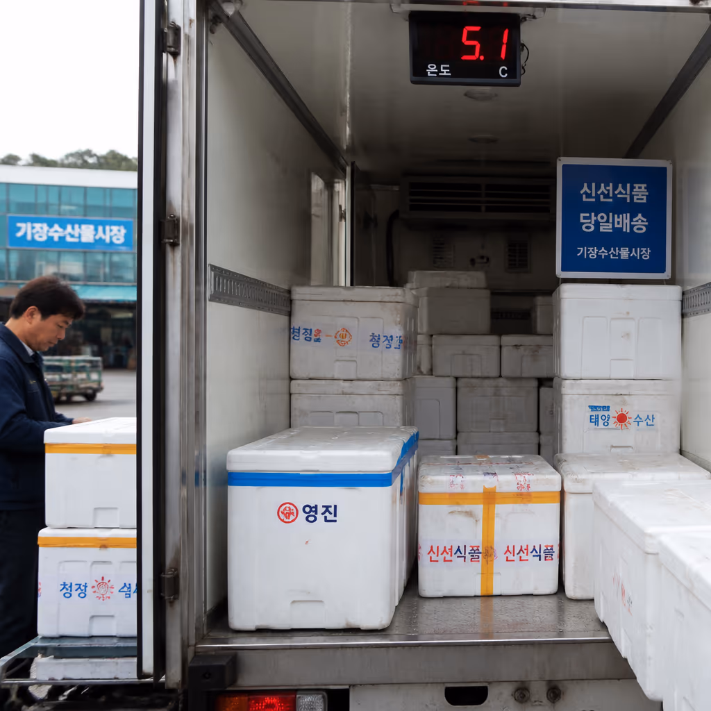 택배 박스 24시간 온도 그래프 · 7℃를 안 넘는 이유 — 현장 사진 2, 기장 청해왕대게 25년차 활어상 정영진 대표 촬영