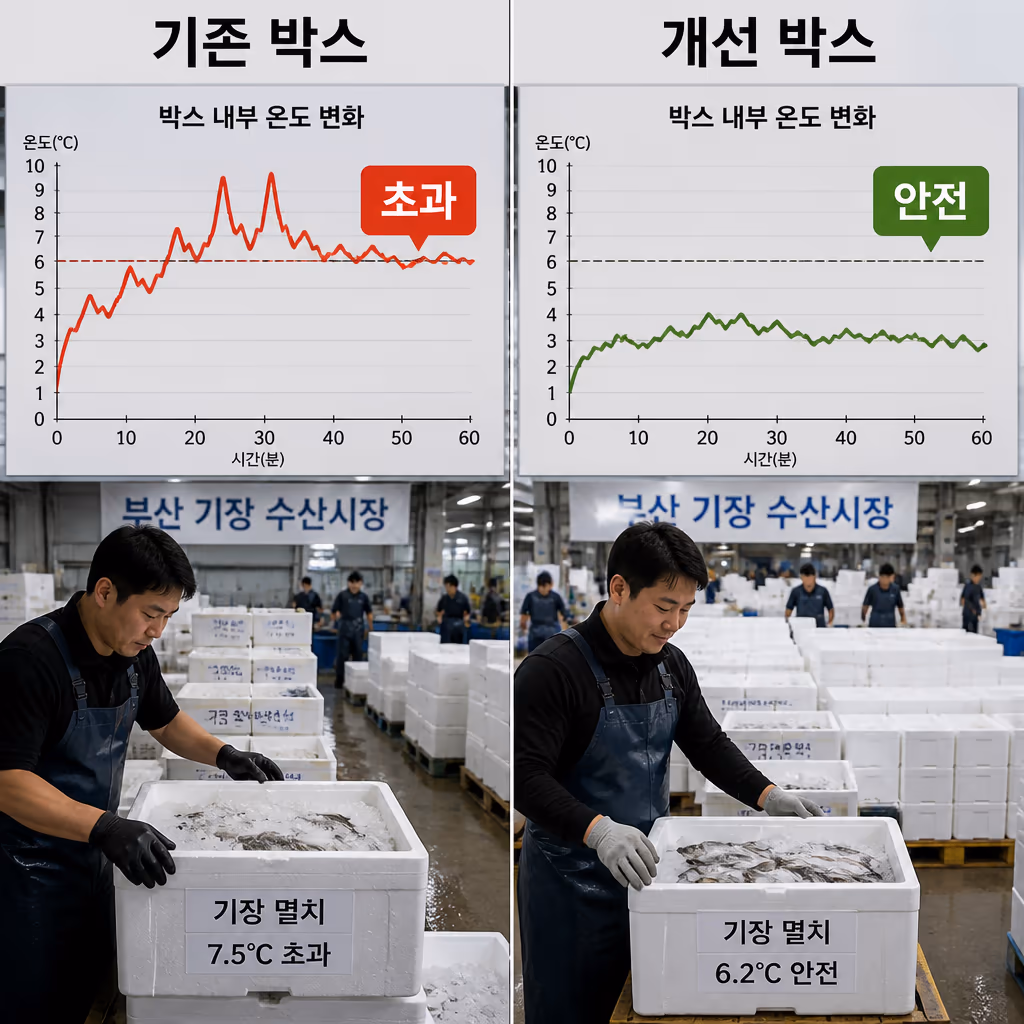 택배 박스 24시간 온도 그래프 · 7℃를 안 넘는 이유 — 현장 사진 3, 기장 청해왕대게 25년차 활어상 정영진 대표 촬영