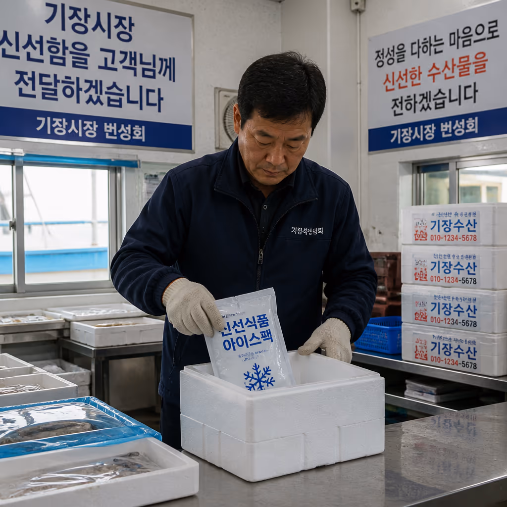 택배 보냉 박스 5겹 업그레이드 — 자체 측정에서 7℃ 초과 사례 발견, 5월부터 전면 강화 — 현장 사진 1, 기장 청해왕대게 25년차 활어상 정영진 대표 촬영