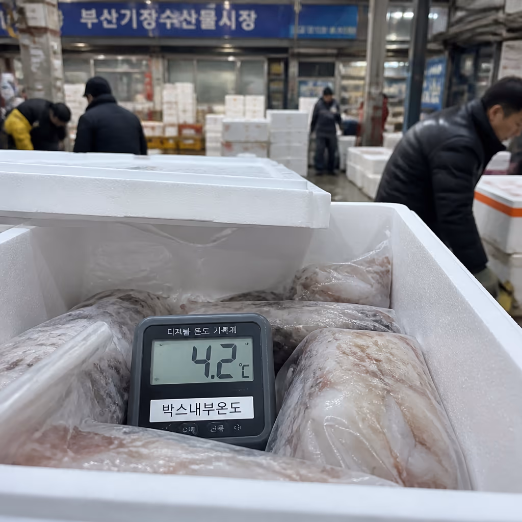 택배 보냉 박스 5겹 업그레이드 — 자체 측정에서 7℃ 초과 사례 발견, 5월부터 전면 강화 — 현장 사진 2, 기장 청해왕대게 25년차 활어상 정영진 대표 촬영