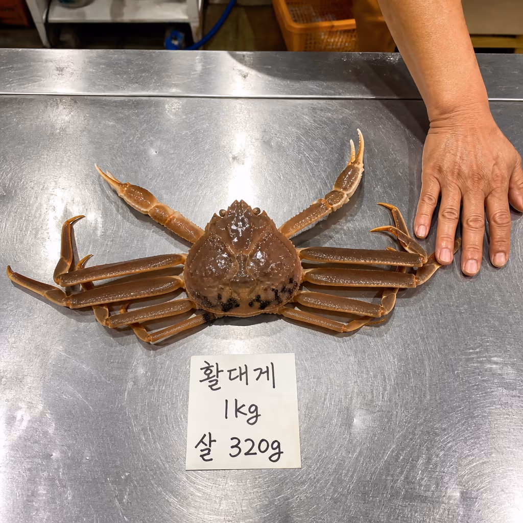 같은 1kg · 활대게 vs 활킹크랩 vs 홍게, 살·예산·인원 어떻게 다른가, 25년차의 가성비 표 — 현장 사진 1, 기장 청해왕대게 25년차 활어상 정영진 대표 촬영