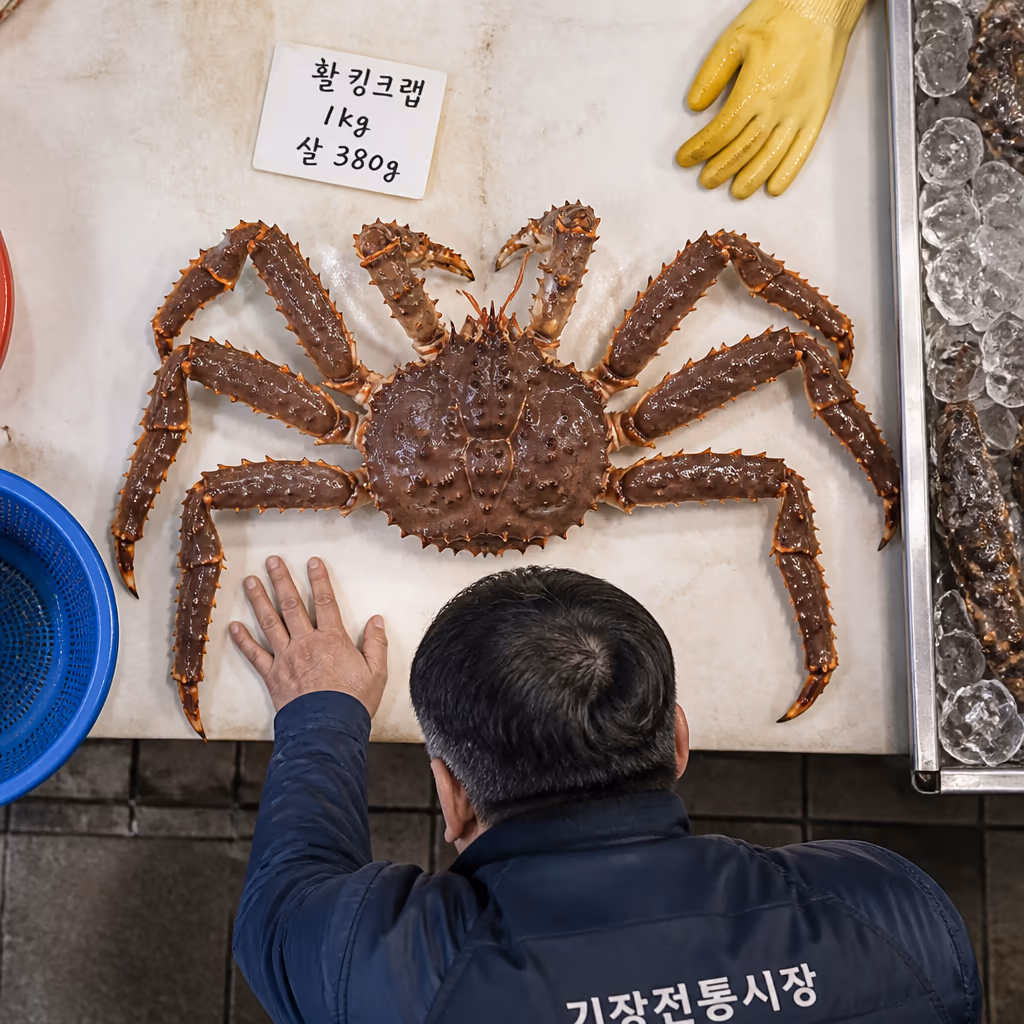 같은 1kg · 활대게 vs 활킹크랩 vs 홍게, 살·예산·인원 어떻게 다른가, 25년차의 가성비 표 — 현장 사진 2, 기장 청해왕대게 25년차 활어상 정영진 대표 촬영