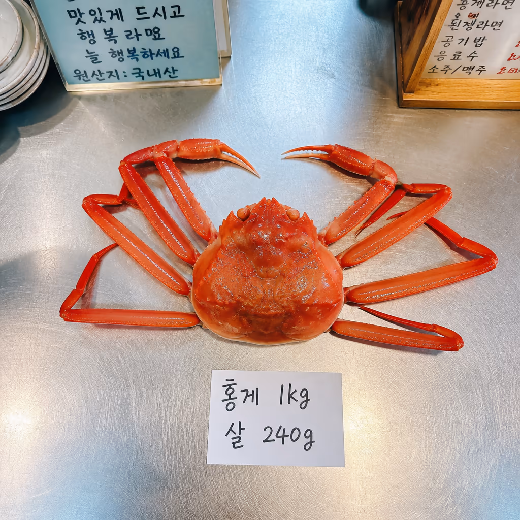 같은 1kg · 활대게 vs 활킹크랩 vs 홍게, 살·예산·인원 어떻게 다른가, 25년차의 가성비 표 — 현장 사진 3, 기장 청해왕대게 25년차 활어상 정영진 대표 촬영