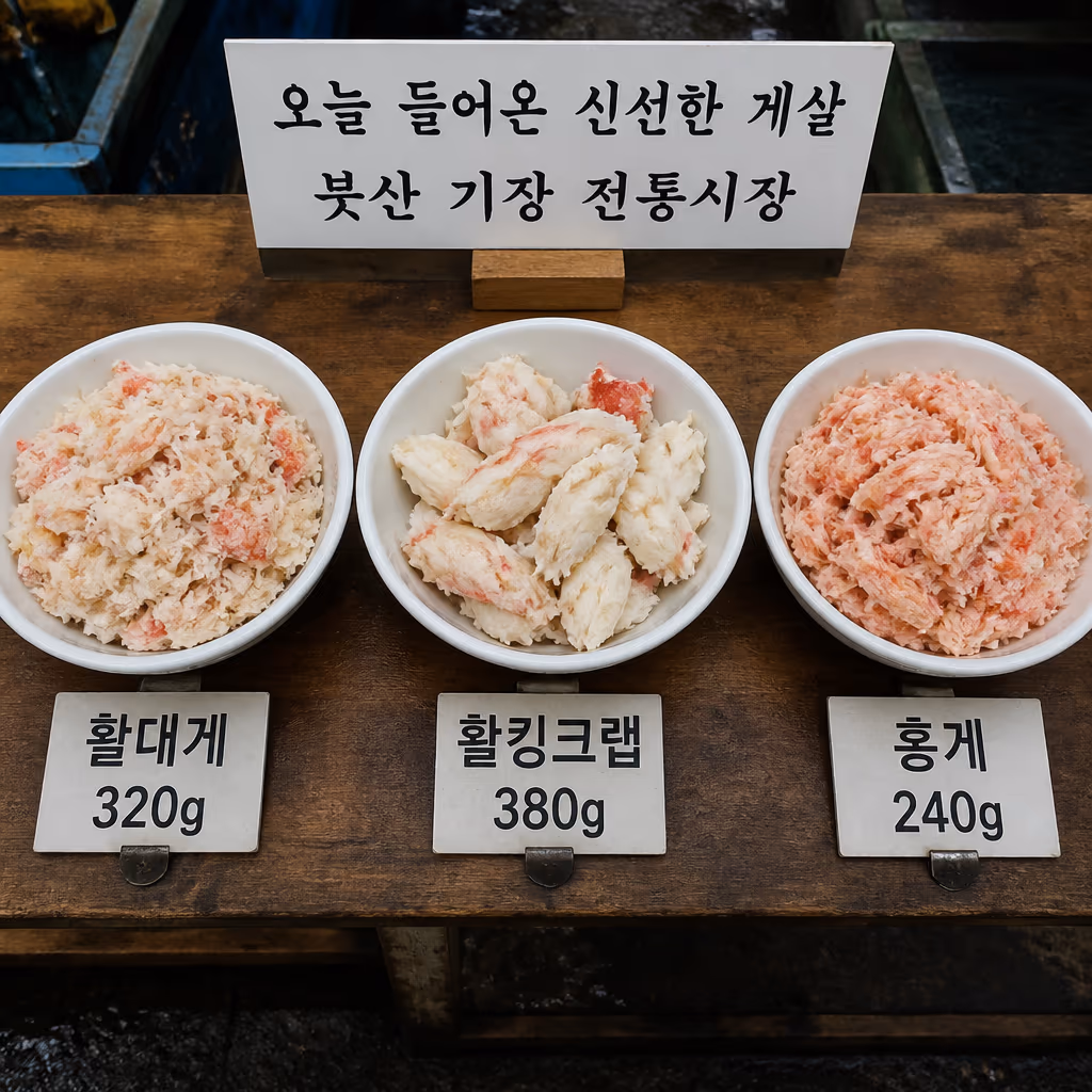 같은 1kg · 활대게 vs 활킹크랩 vs 홍게, 살·예산·인원 어떻게 다른가, 25년차의 가성비 표 — 현장 사진 4, 기장 청해왕대게 25년차 활어상 정영진 대표 촬영