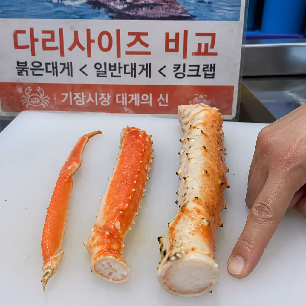같은 1kg · 활대게 vs 활킹크랩 vs 홍게, 살·예산·인원 어떻게 다른가, 25년차의 가성비 표 — 갤러리 1, 기장 청해왕대게 현장 사진