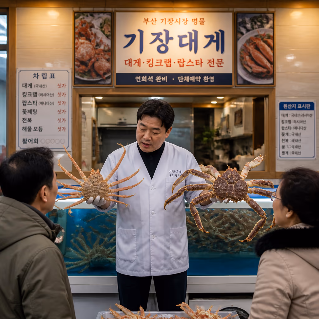 같은 1kg · 활대게 vs 활킹크랩 vs 홍게, 살·예산·인원 어떻게 다른가, 25년차의 가성비 표 — 갤러리 2, 기장 청해왕대게 현장 사진
