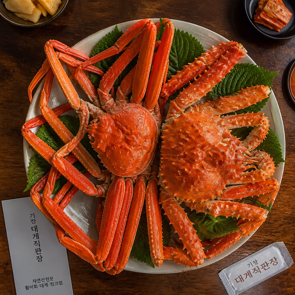 같은 1kg · 활대게 vs 활킹크랩 vs 홍게, 살·예산·인원 어떻게 다른가, 25년차의 가성비 표 — 갤러리 3, 기장 청해왕대게 현장 사진