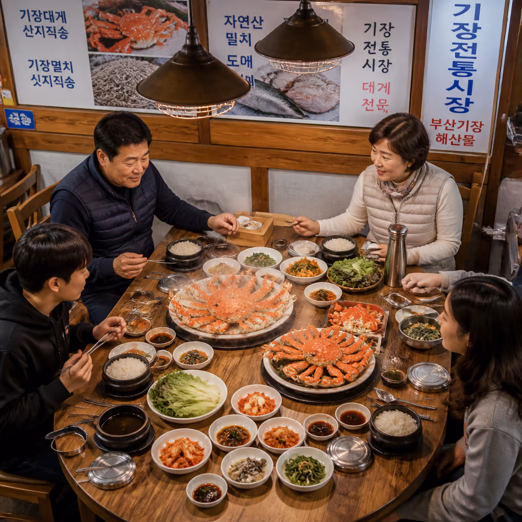 같은 1kg · 활대게 vs 활킹크랩 vs 홍게, 살·예산·인원 어떻게 다른가, 25년차의 가성비 표 — 갤러리 4, 기장 청해왕대게 현장 사진