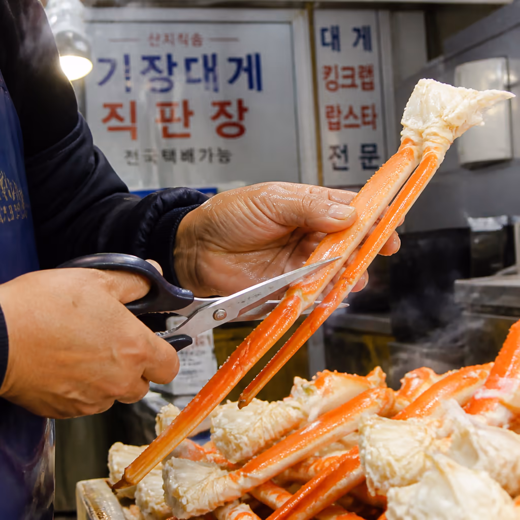 대게 다리살 빼는법 — 가위 옆면 한 줄·관절 꺾기·빨대 기법, 25년차 사장이 매일 시범 보이는 3단계 — 기장 청해왕대게 사장 일지 대표 이미지