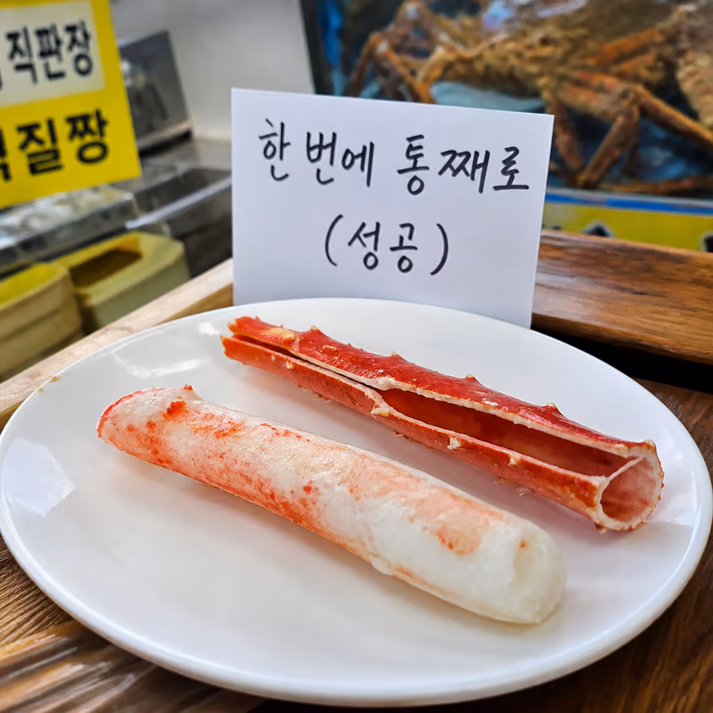 대게 다리살 빼는법 — 가위 옆면 한 줄·관절 꺾기·빨대 기법, 25년차 사장이 매일 시범 보이는 3단계 — 현장 사진 2, 기장 청해왕대게 25년차 활어상 정영진 대표 촬영