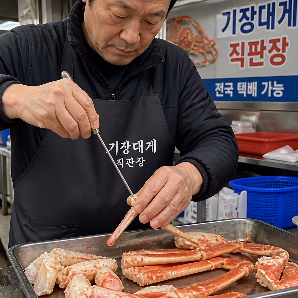 대게 다리살 빼는법 — 가위 옆면 한 줄·관절 꺾기·빨대 기법, 25년차 사장이 매일 시범 보이는 3단계 — 현장 사진 3, 기장 청해왕대게 25년차 활어상 정영진 대표 촬영