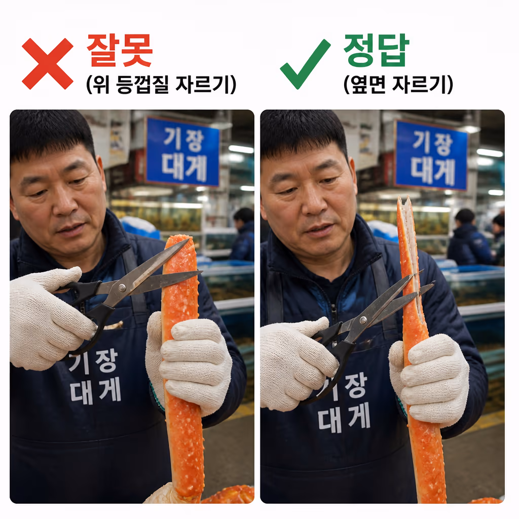 대게 다리살 빼는법 — 가위 옆면 한 줄·관절 꺾기·빨대 기법, 25년차 사장이 매일 시범 보이는 3단계 — 갤러리 3, 기장 청해왕대게 현장 사진