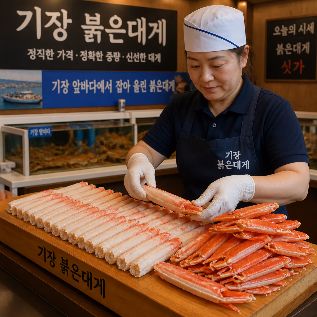 대게 다리살 빼는법 — 가위 옆면 한 줄·관절 꺾기·빨대 기법, 25년차 사장이 매일 시범 보이는 3단계 — 갤러리 4, 기장 청해왕대게 현장 사진