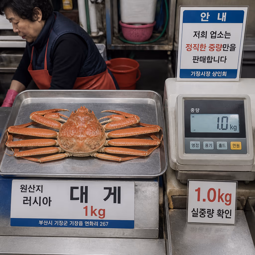 첫 주문 손님 80%가 1kg로 시작해 다음엔 2kg로 늘립니다 · 6개월 데이터 — 현장 사진 1, 기장 청해왕대게 25년차 활어상 정영진 대표 촬영