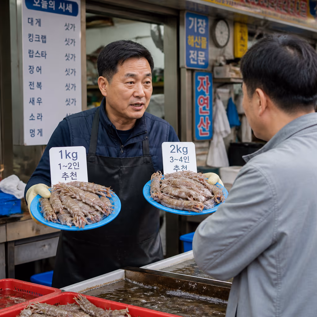 첫 주문 손님 80%가 1kg로 시작해 다음엔 2kg로 늘립니다 · 6개월 데이터 — 현장 사진 4, 기장 청해왕대게 25년차 활어상 정영진 대표 촬영