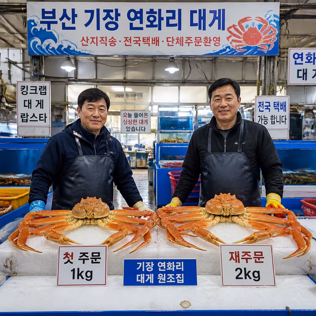 첫 주문 손님 80%가 1kg로 시작해 다음엔 2kg로 늘립니다 · 6개월 데이터 — 현장 사진 6, 기장 청해왕대게 25년차 활어상 정영진 대표 촬영