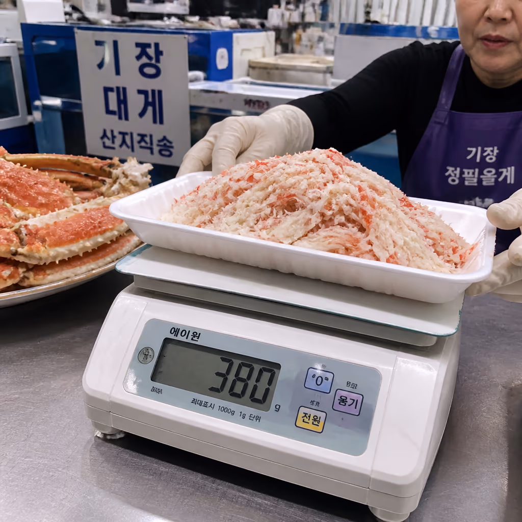 대게 vs 킹크랩 vs 홍게, 1kg에 살이 얼마나 들어있나 — 현장 사진 2, 기장 청해왕대게 25년차 활어상 정영진 대표 촬영