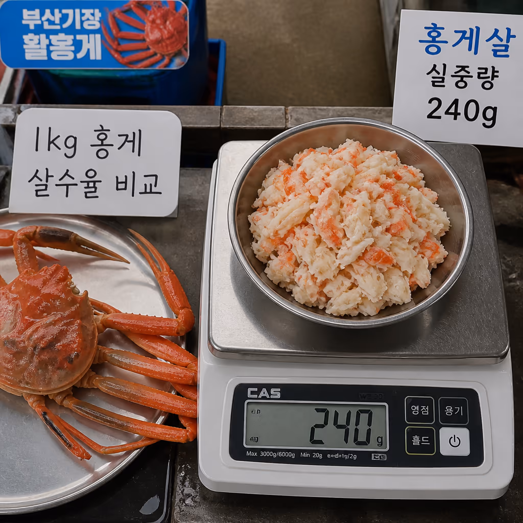 대게 vs 킹크랩 vs 홍게, 1kg에 살이 얼마나 들어있나 — 현장 사진 3, 기장 청해왕대게 25년차 활어상 정영진 대표 촬영
