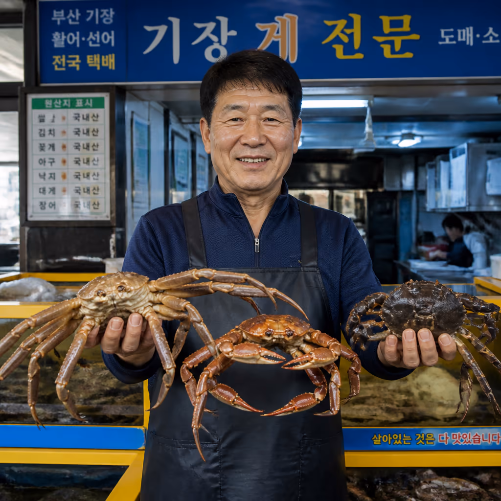 대게 vs 킹크랩 vs 홍게, 1kg에 살이 얼마나 들어있나 — 현장 사진 4, 기장 청해왕대게 25년차 활어상 정영진 대표 촬영