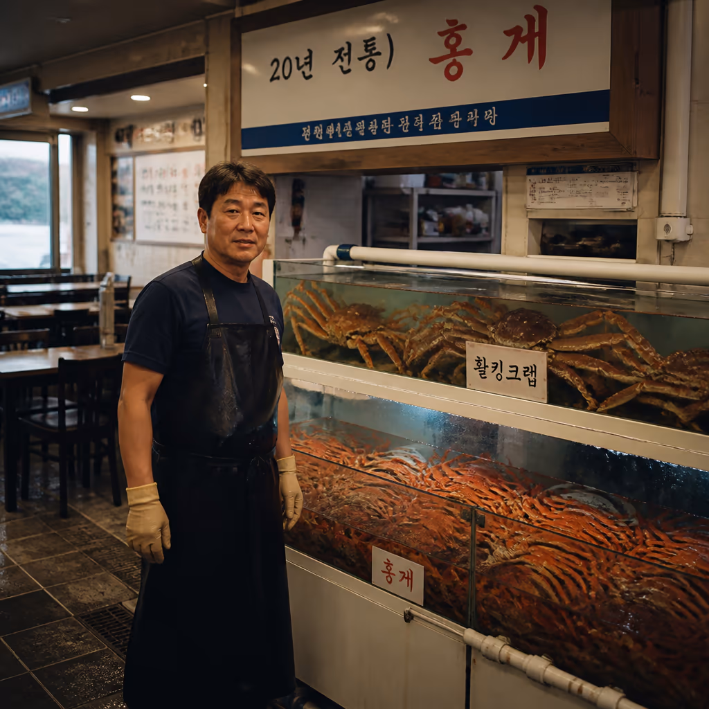 대게 금어기 · 6.1~11.30 룰과 12월 1일 시즌 시작 카운트다운, 해양수산부 고시 기준 — 현장 사진 4, 기장 청해왕대게 25년차 활어상 정영진 대표 촬영