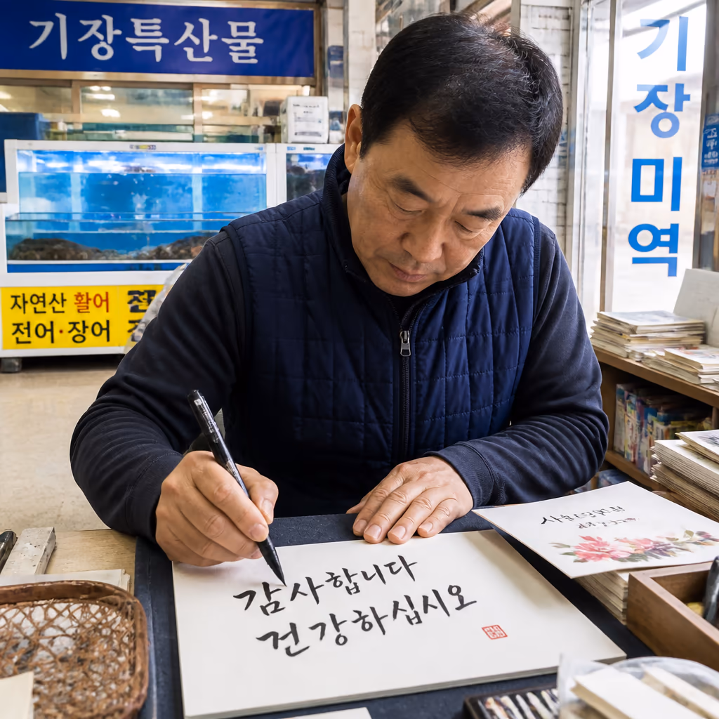 환갑·칠순 선물 박스 5년 변천사 · 손글씨 카드 디자인 30종 — 현장 사진 1, 기장 청해왕대게 25년차 활어상 정영진 대표 촬영