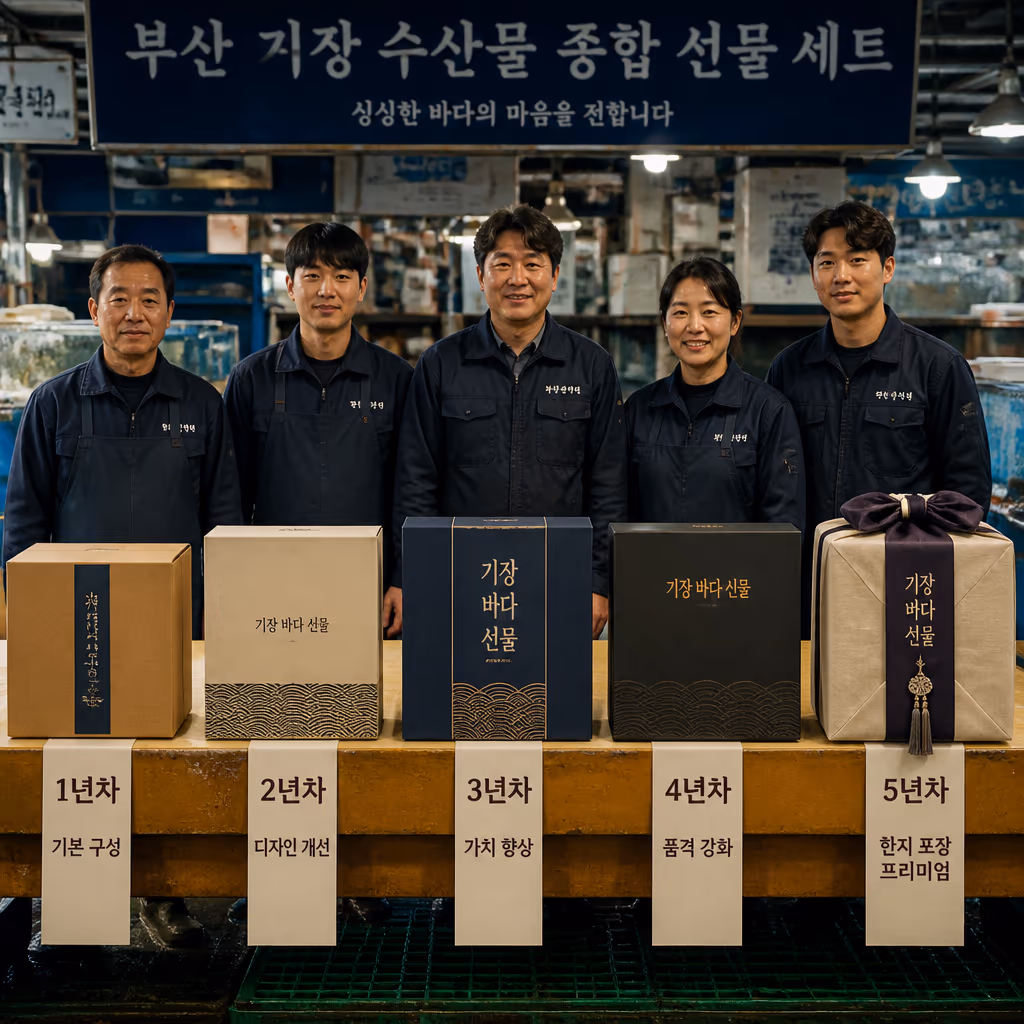 환갑·칠순 선물 박스 5년 변천사 · 손글씨 카드 디자인 30종 — 현장 사진 2, 기장 청해왕대게 25년차 활어상 정영진 대표 촬영