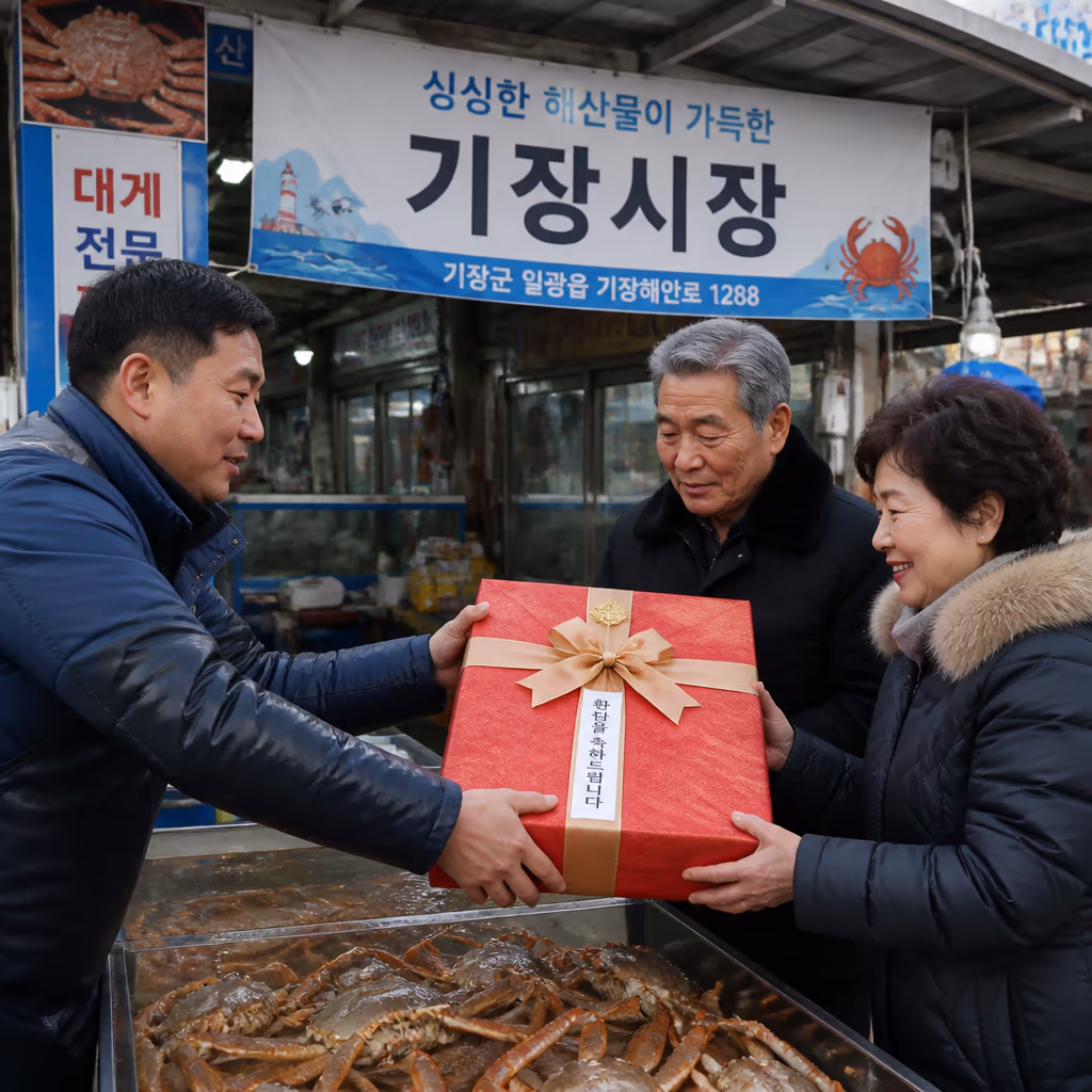 환갑·칠순 선물 박스 5년 변천사 · 손글씨 카드 디자인 30종 — 현장 사진 3, 기장 청해왕대게 25년차 활어상 정영진 대표 촬영