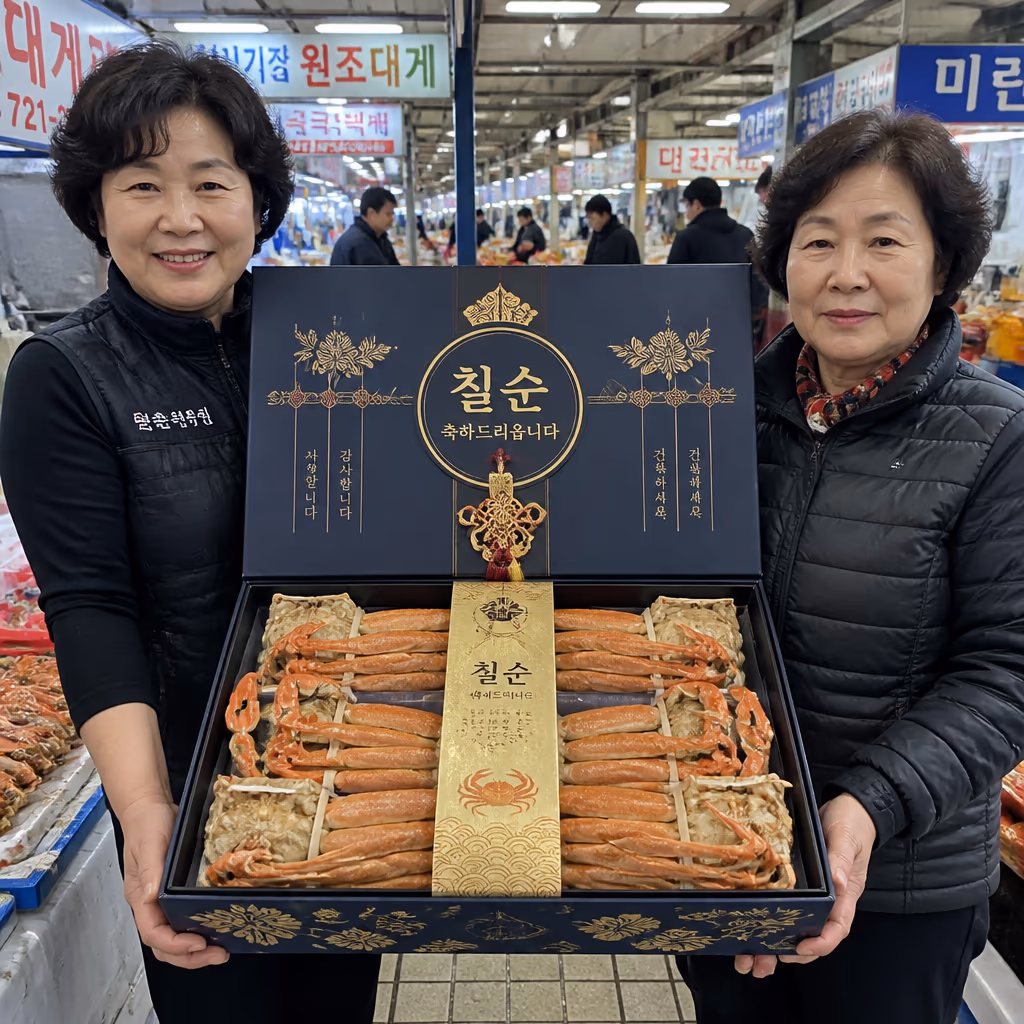 환갑·칠순 선물 박스 5년 변천사 · 손글씨 카드 디자인 30종 — 현장 사진 4, 기장 청해왕대게 25년차 활어상 정영진 대표 촬영