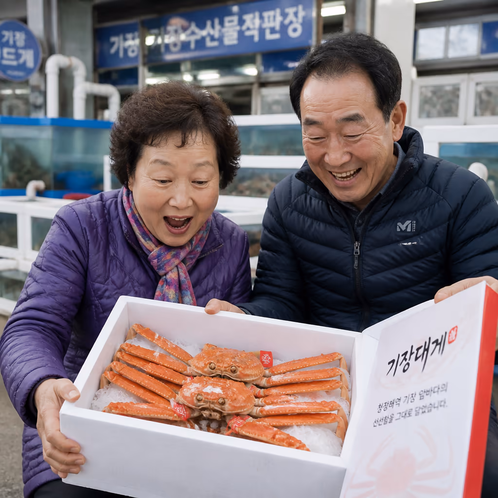 환갑·칠순 선물 박스 5년 변천사 · 손글씨 카드 디자인 30종 — 현장 사진 5, 기장 청해왕대게 25년차 활어상 정영진 대표 촬영
