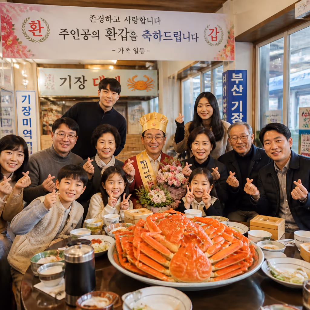 환갑·칠순 선물 박스 5년 변천사 · 손글씨 카드 디자인 30종 — 갤러리 4, 기장 청해왕대게 현장 사진