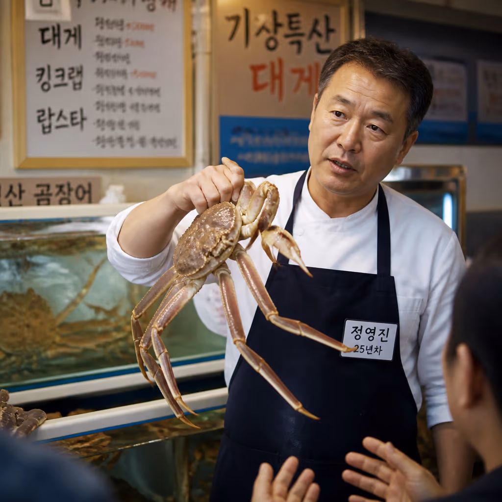 기장시장 대게 맛집 — 25년차 활어상이 매일 새벽 0단계로 들어가는 1층 활어 수조·2층 대형홀, 한 자리에서 보고·고르고·먹기까지 — 현장 사진 4, 기장 청해왕대게 25년차 활어상 정영진 대표 촬영