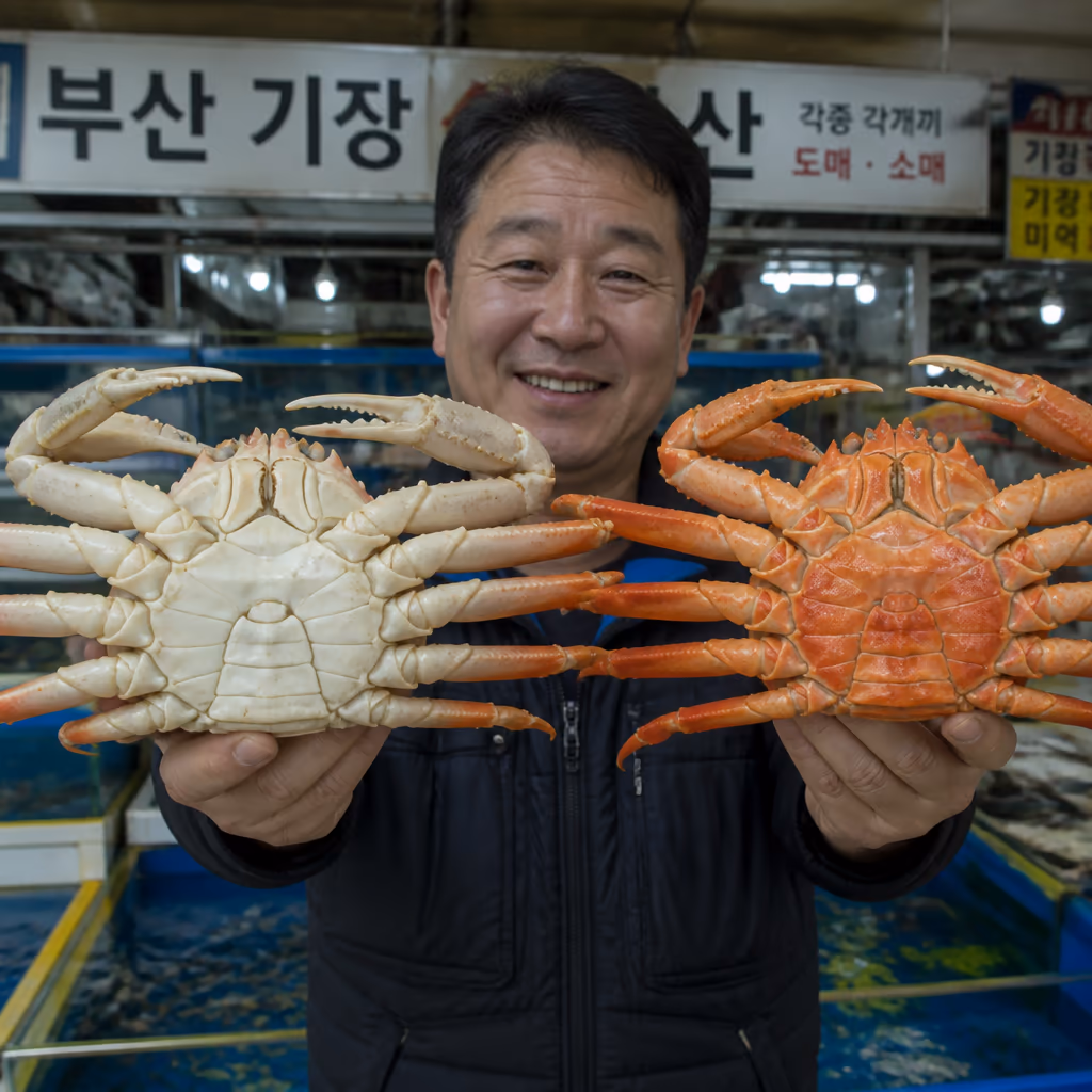 홍게 vs 대게 · 가을(9~11월)엔 홍게가 더 맛있는 이유, 영덕·울진 25년차 상식 — 현장 사진 1, 기장 청해왕대게 25년차 활어상 정영진 대표 촬영