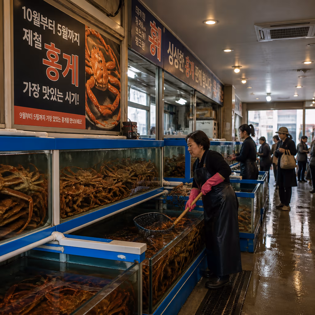 홍게 vs 대게 · 가을(9~11월)엔 홍게가 더 맛있는 이유, 영덕·울진 25년차 상식 — 현장 사진 3, 기장 청해왕대게 25년차 활어상 정영진 대표 촬영