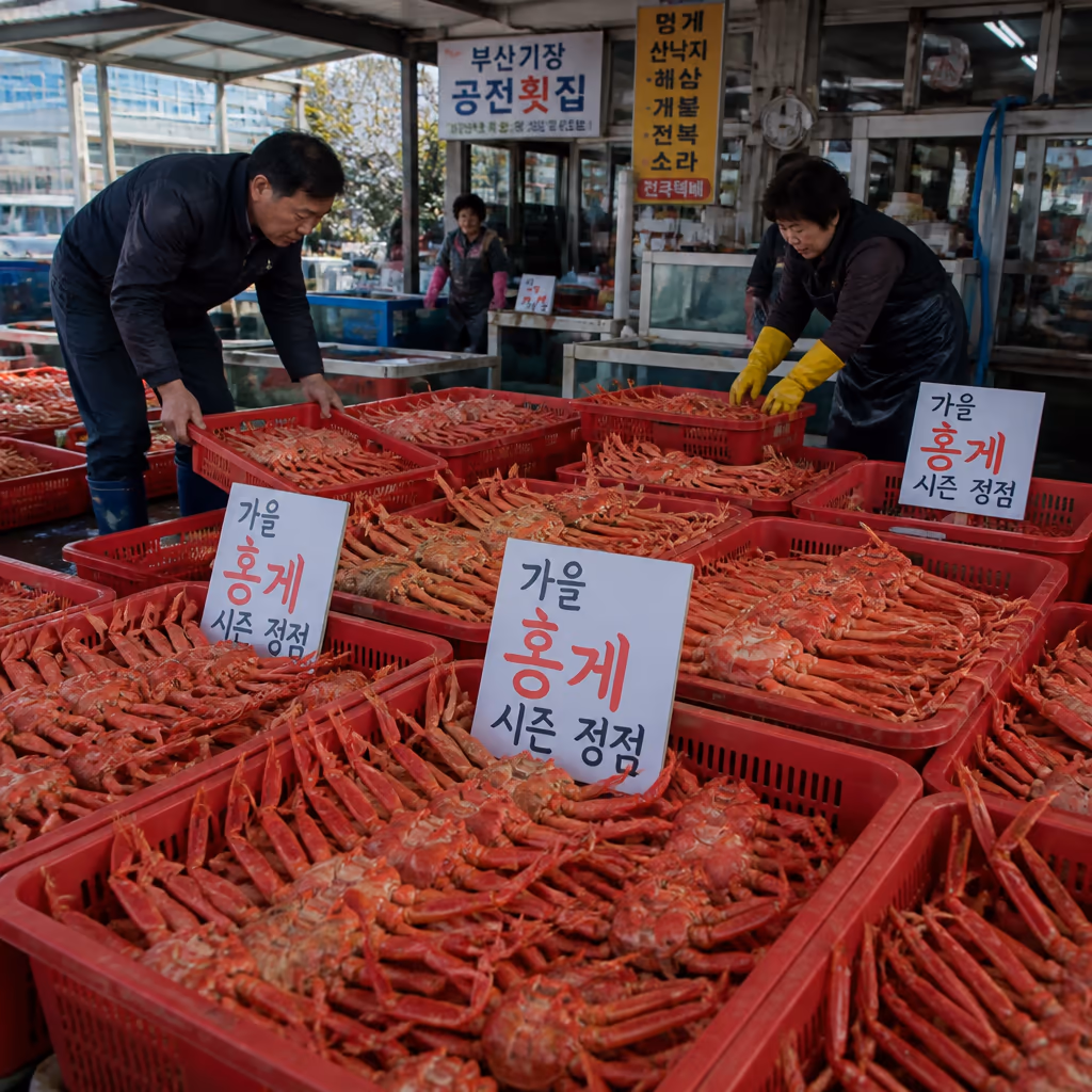 홍게 vs 대게 · 가을(9~11월)엔 홍게가 더 맛있는 이유, 영덕·울진 25년차 상식 — 갤러리 4, 기장 청해왕대게 현장 사진