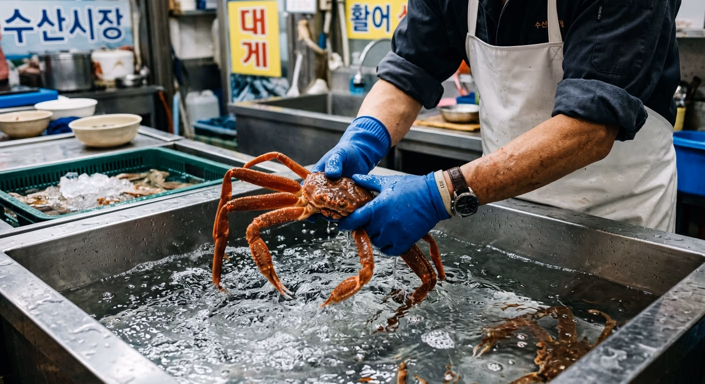 대게 찌는법 — 25년차 활어상이 매장에서 쓰는 18분 레시피, 비린내 0 비법 전 공개 — 현장 사진 1, 기장 청해왕대게 25년차 활어상 정영진 대표 촬영