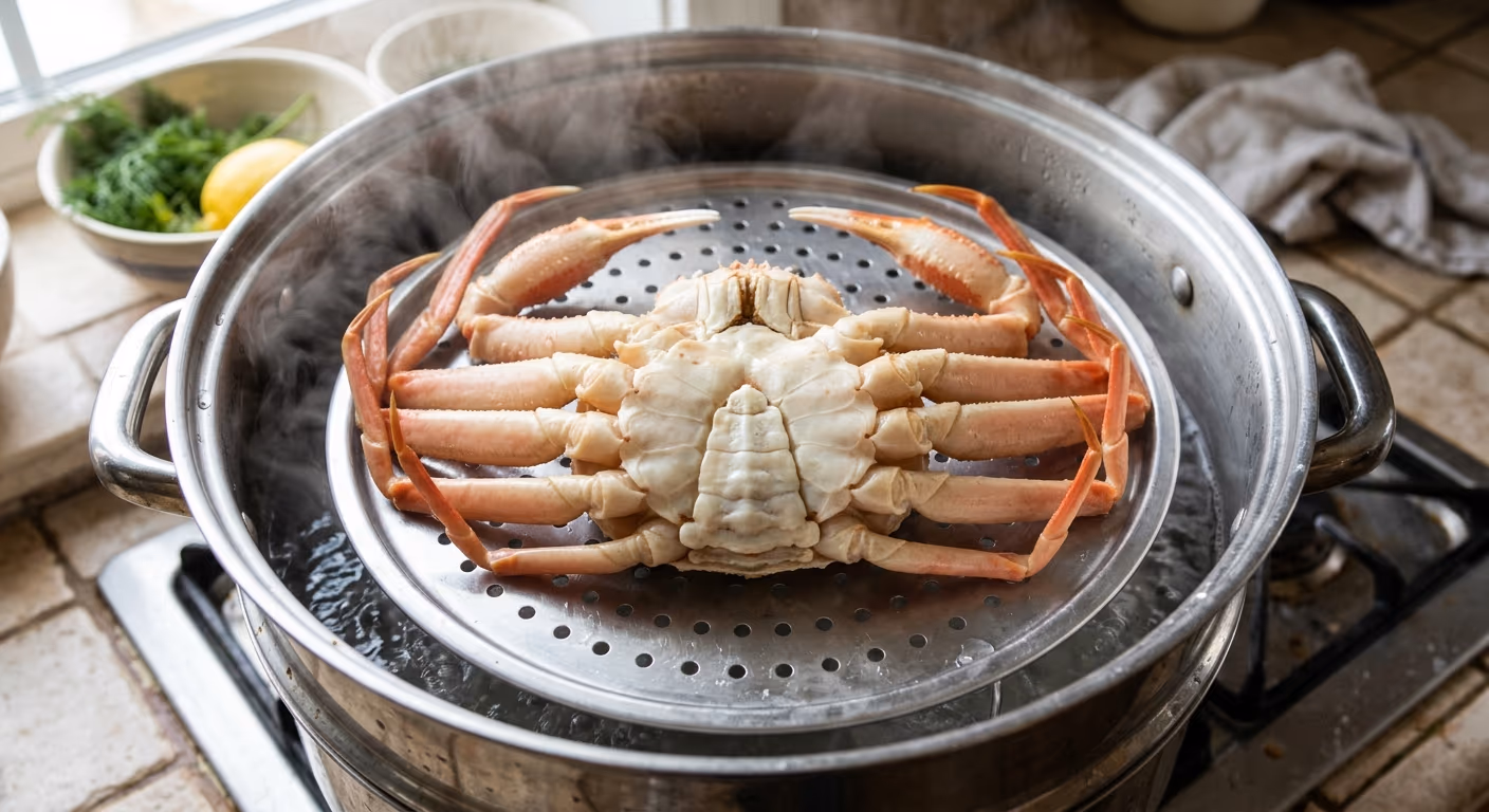 대게 찌는법 — 25년차 활어상이 매장에서 쓰는 18분 레시피, 비린내 0 비법 전 공개 — 현장 사진 3, 기장 청해왕대게 25년차 활어상 정영진 대표 촬영