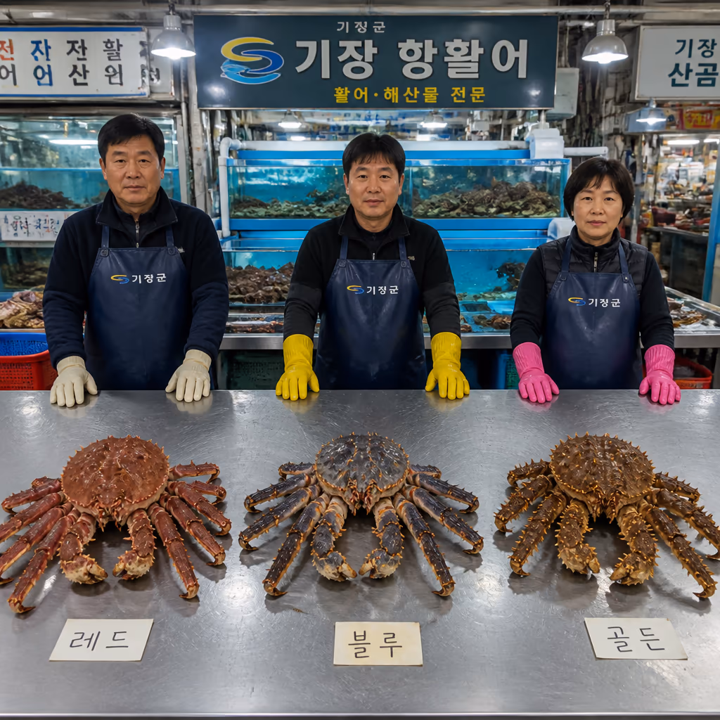 활킹크랩 종류 — 레드·블루·골든 3종 등껍질 돌기로 0.5초에 구별하기 — 현장 사진 4, 기장 청해왕대게 25년차 활어상 정영진 대표 촬영