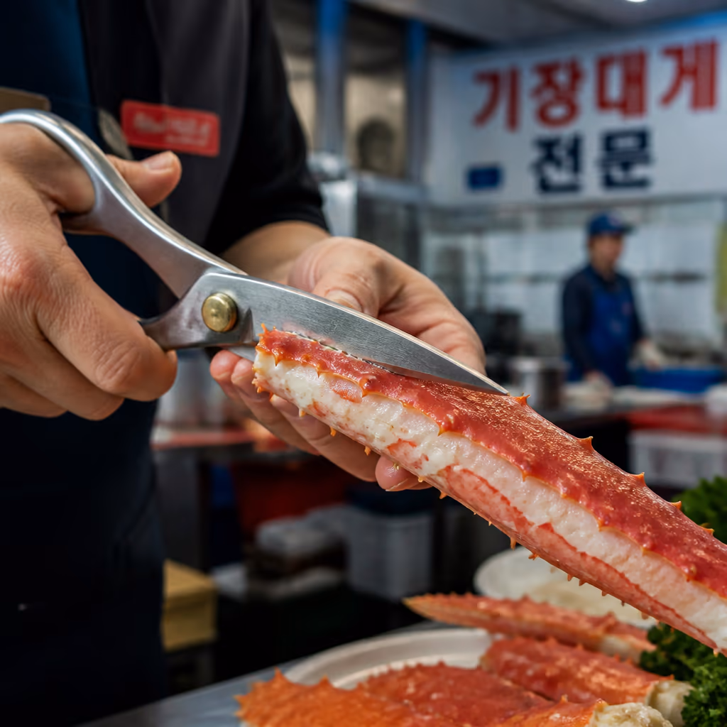 활킹크랩 다리살 빼는법 — 가위 옆면 한 줄·관절 꺾기·빨대 3단계, 매장 시연 그대로 — 현장 사진 1, 기장 청해왕대게 25년차 활어상 정영진 대표 촬영