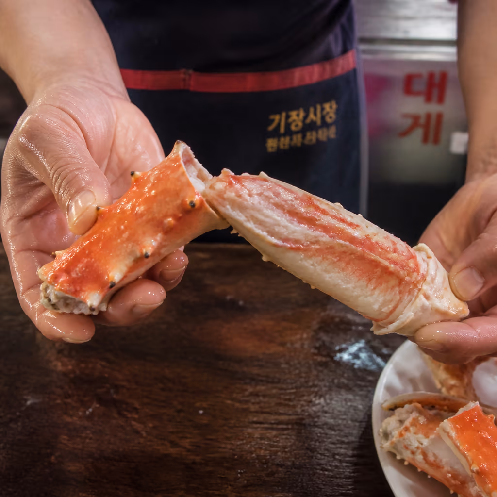 활킹크랩 다리살 빼는법 — 가위 옆면 한 줄·관절 꺾기·빨대 3단계, 매장 시연 그대로 — 현장 사진 2, 기장 청해왕대게 25년차 활어상 정영진 대표 촬영